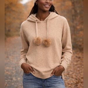 SAKS FITH AVENUE Nwt Drop Shoulder Faux Fur Trim Hoodie, Heather Camel Brown, XL